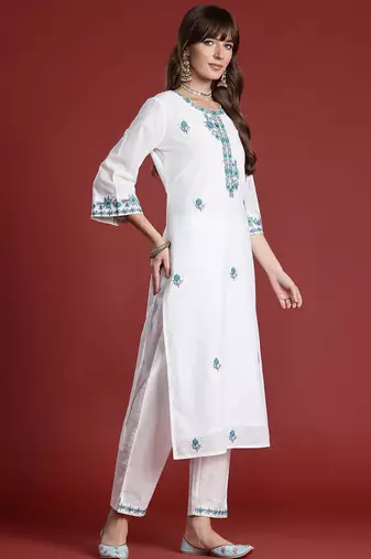 Floral Embroidered Thread Work Pure Cotton Kurta with Trousers & With Dupatta