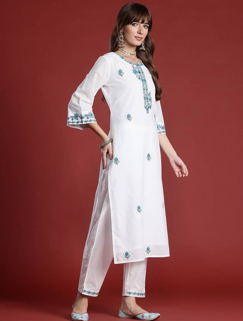 Floral Embroidered Thread Work Pure Cotton Kurta with Trousers & With Dupatta