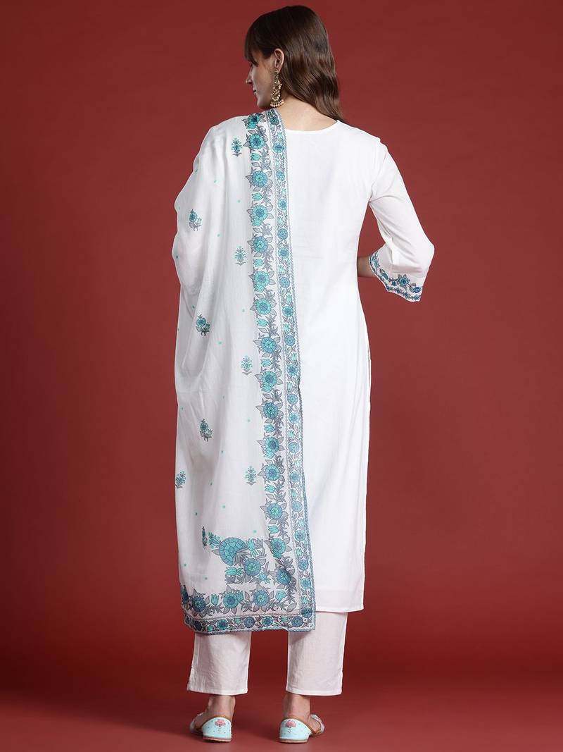 Floral Embroidered Thread Work Pure Cotton Kurta with Trousers & With Dupatta