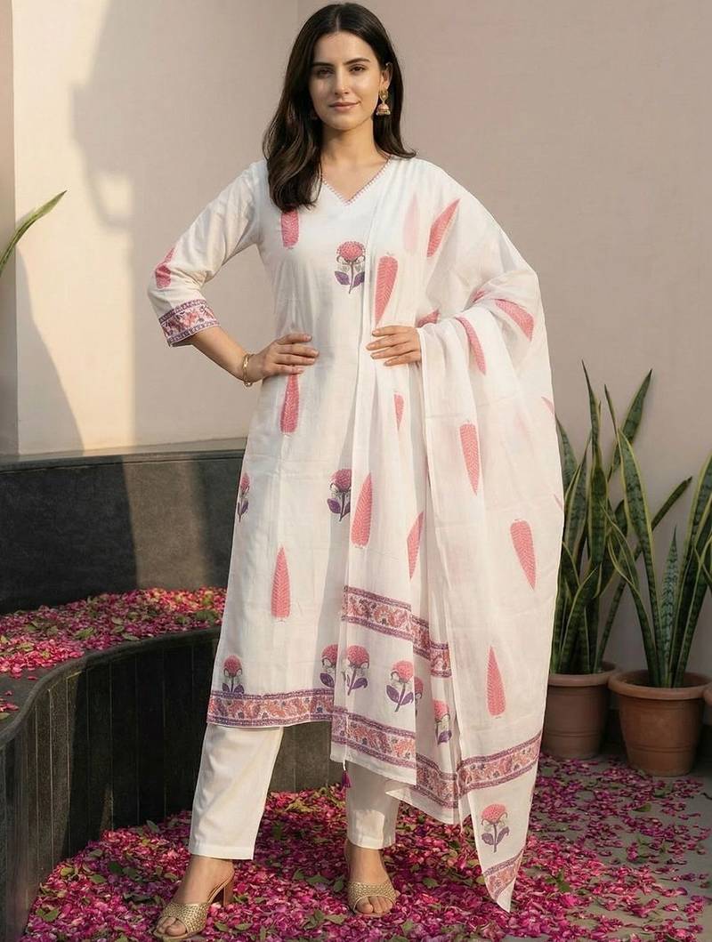 Women Ethnic Motifs Printed Regular Pure Cotton Kurta with Trousers & With Dupatta