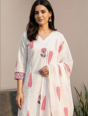 Women Ethnic Motifs Printed Regular Pure Cotton Kurta with Trousers & With Dupatta 3
