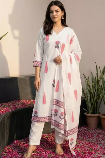 Women Ethnic Motifs Printed Regular Pure Cotton Kurta with Trousers & With Dupatta
