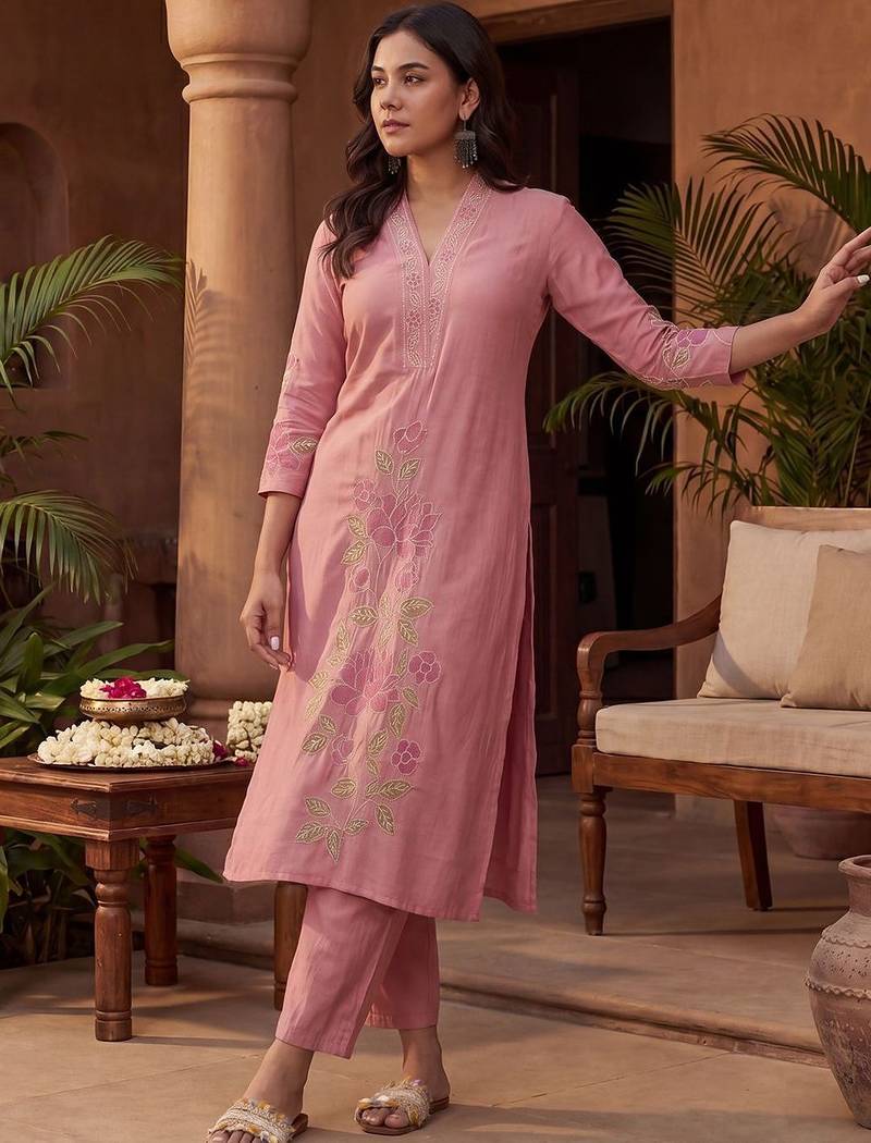 Women Floral Embroidered Regular Thread Work Kurta with Trousers