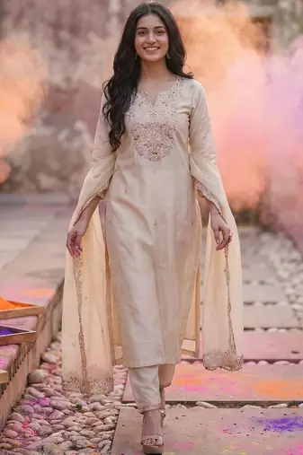 Women Floral Embroidered Regular Thread Work Liva Kurta with Trousers & With Dupatta