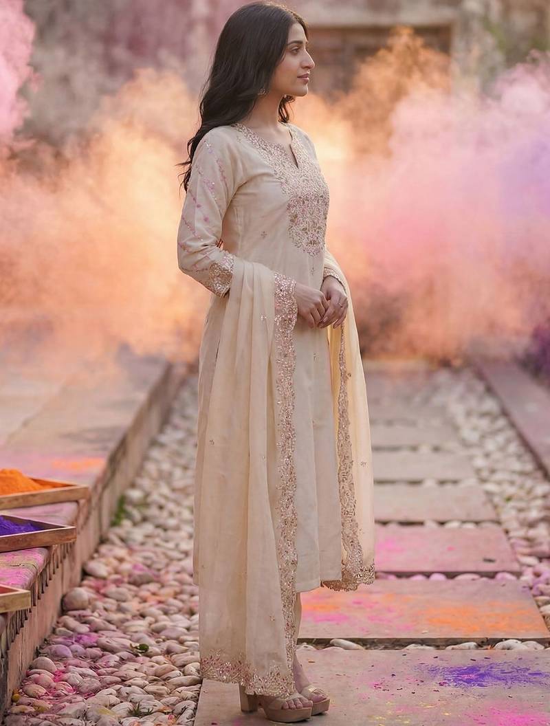 Women Floral Embroidered Regular Thread Work Liva Kurta with Trousers & With Dupatta