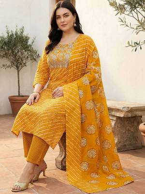 Plus Size Thread Work Pure Cotton Kurta with Trousers & With Dupatta 1