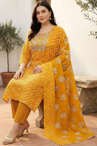 Plus Size Thread Work Pure Cotton Kurta with Trousers & With Dupatta