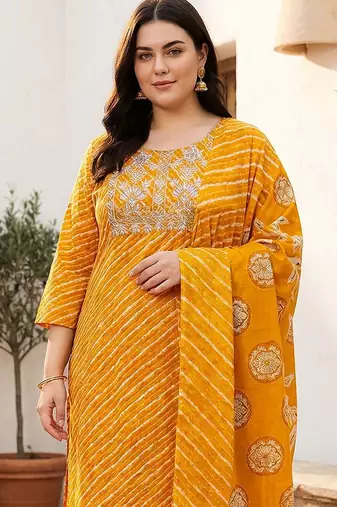 Plus Size Thread Work Pure Cotton Kurta with Trousers & With Dupatta