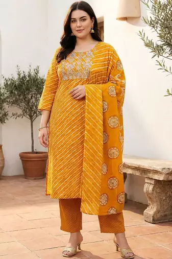 Plus Size Thread Work Pure Cotton Kurta with Trousers & With Dupatta