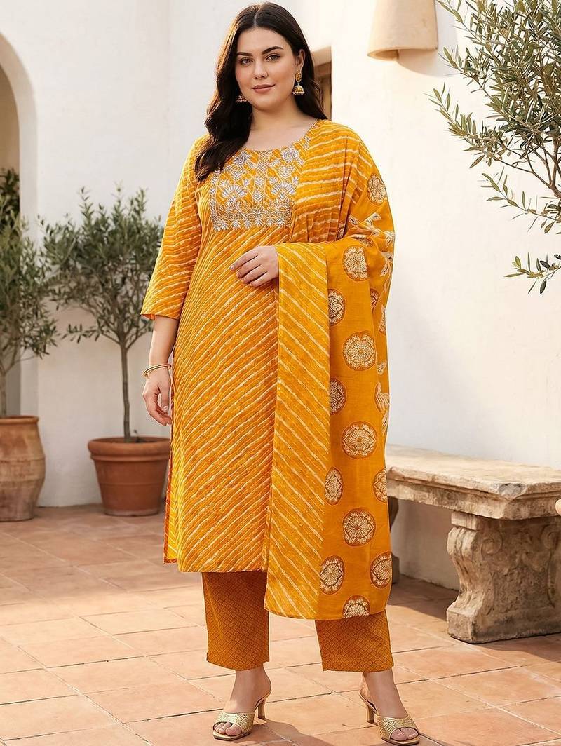 Plus Size Thread Work Pure Cotton Kurta with Trousers & With Dupatta