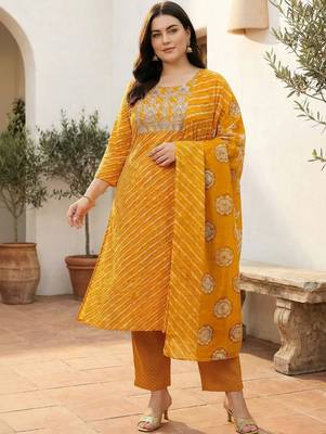 Plus Size Thread Work Pure Cotton Kurta with Trousers & With Dupatta 5