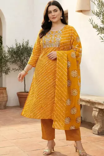 Plus Size Thread Work Pure Cotton Kurta with Trousers & With Dupatta