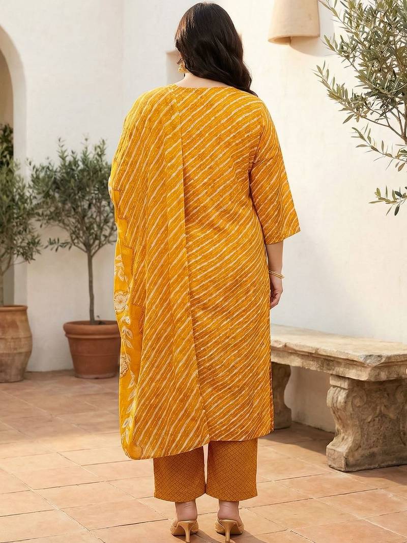 Plus Size Thread Work Pure Cotton Kurta with Trousers & With Dupatta