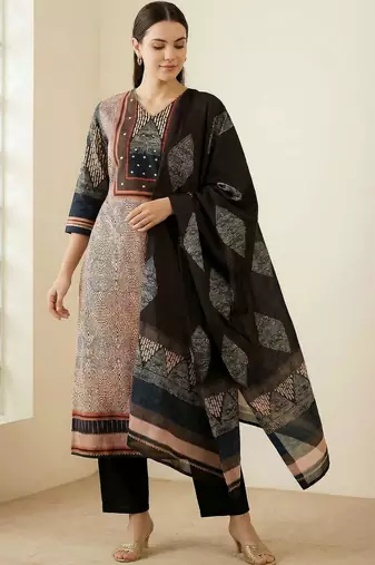 Women Printed Regular Beads and Stones Pure Cotton Kurta with Trousers & With Dupatta