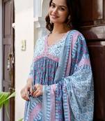 Floral Printed Empire Pure Cotton A-Line Kurta With Trousers & Dupatta