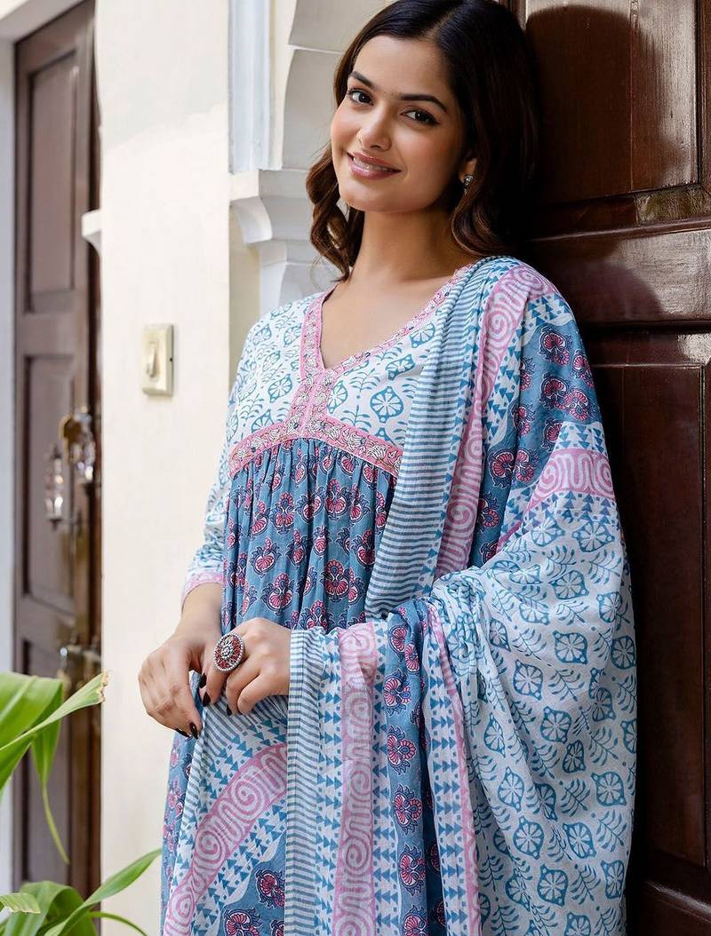 Floral Printed Empire Pure Cotton A-Line Kurta With Trousers & Dupatta