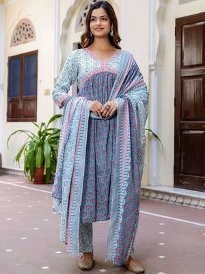 Floral Printed Empire Pure Cotton A-Line Kurta With Trousers & Dupatta 2