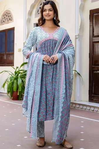 Floral Printed Empire Pure Cotton A-Line Kurta With Trousers & Dupatta