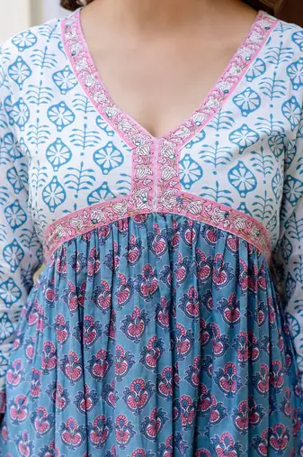 Floral Printed Empire Pure Cotton A-Line Kurta With Trousers & Dupatta