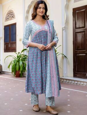 Floral Printed Empire Pure Cotton A-Line Kurta With Trousers & Dupatta 5