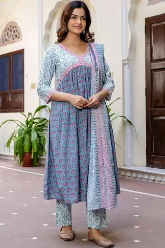 Floral Printed Empire Pure Cotton A-Line Kurta With Trousers & Dupatta
