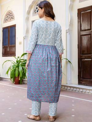Floral Printed Empire Pure Cotton A-Line Kurta With Trousers & Dupatta 6
