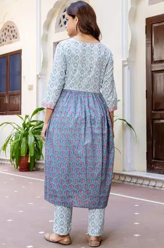 Floral Printed Empire Pure Cotton A-Line Kurta With Trousers & Dupatta