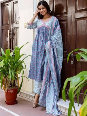 Floral Printed Empire Pure Cotton A-Line Kurta With Trousers & Dupatta 7