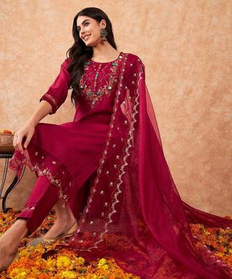 Embroidered A-Line Kurta With Trousers & Dupatta 1
