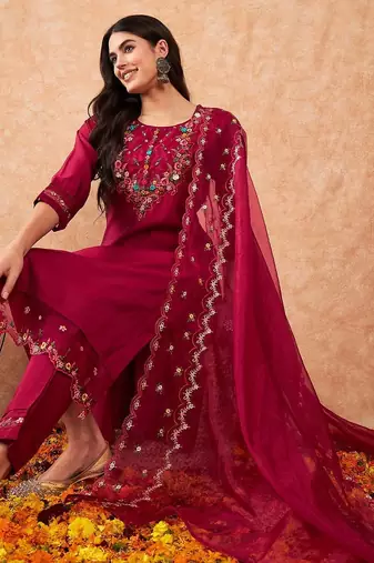 Embroidered A-Line Kurta With Trousers & Dupatta