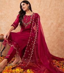 Embroidered A-Line Kurta With Trousers & Dupatta