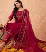 Embroidered A-Line Kurta With Trousers & Dupatta