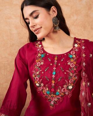 Embroidered A-Line Kurta With Trousers & Dupatta 2