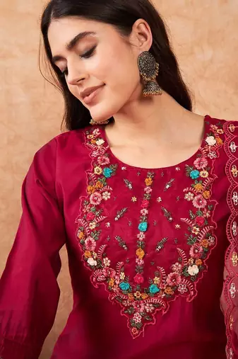 Embroidered A-Line Kurta With Trousers & Dupatta