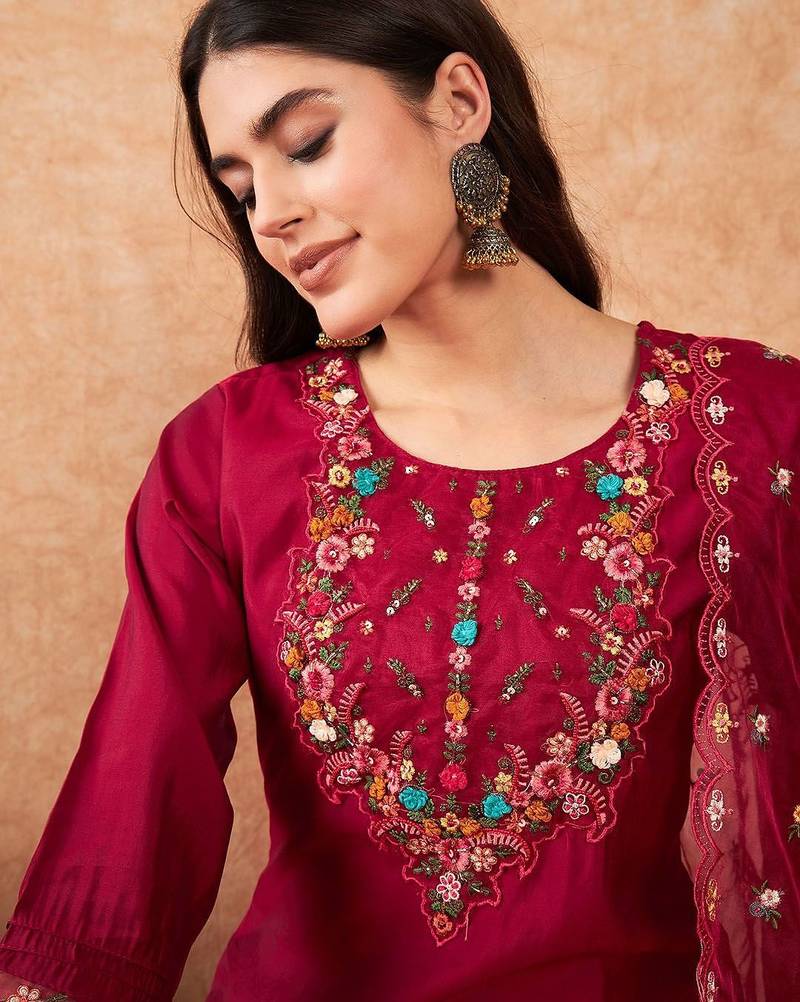 Embroidered A-Line Kurta With Trousers & Dupatta