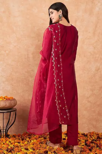 Embroidered A-Line Kurta With Trousers & Dupatta