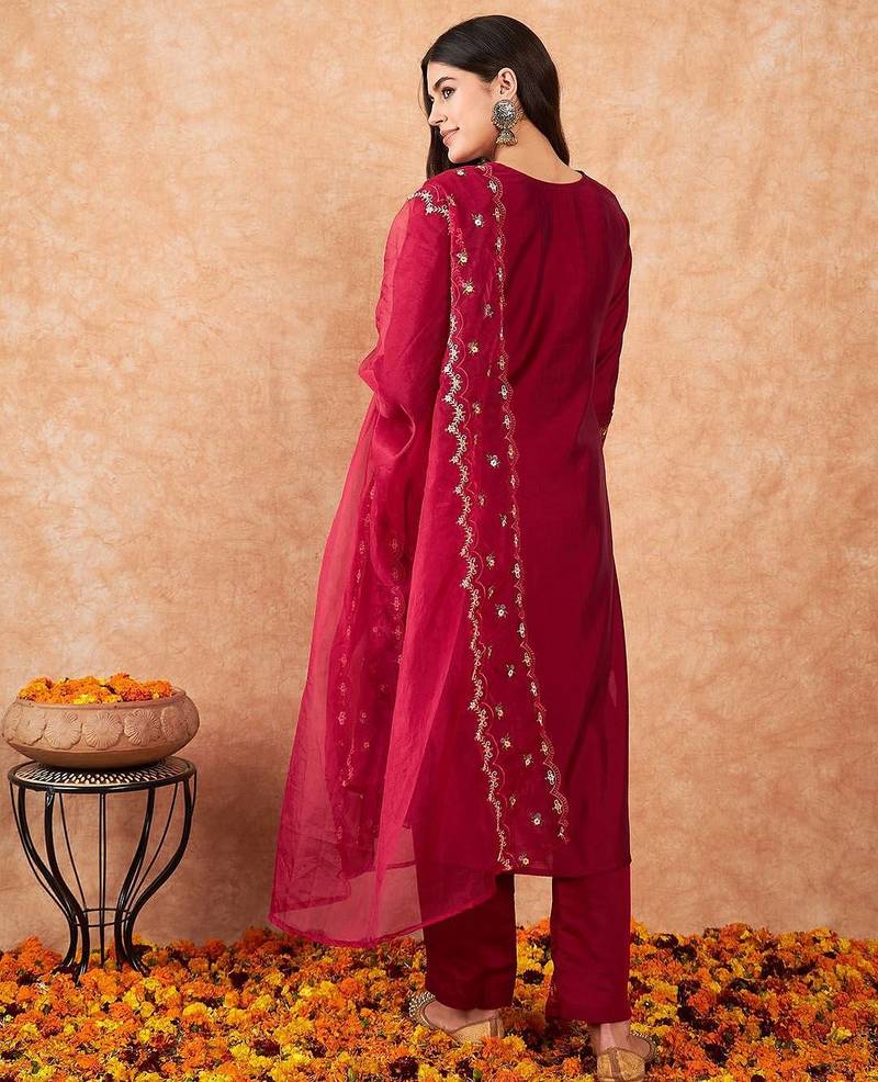 Embroidered A-Line Kurta With Trousers & Dupatta