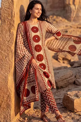 Women Printed Regular Mirror Work Pure Cotton Kurta with Trousers & With Dupatta