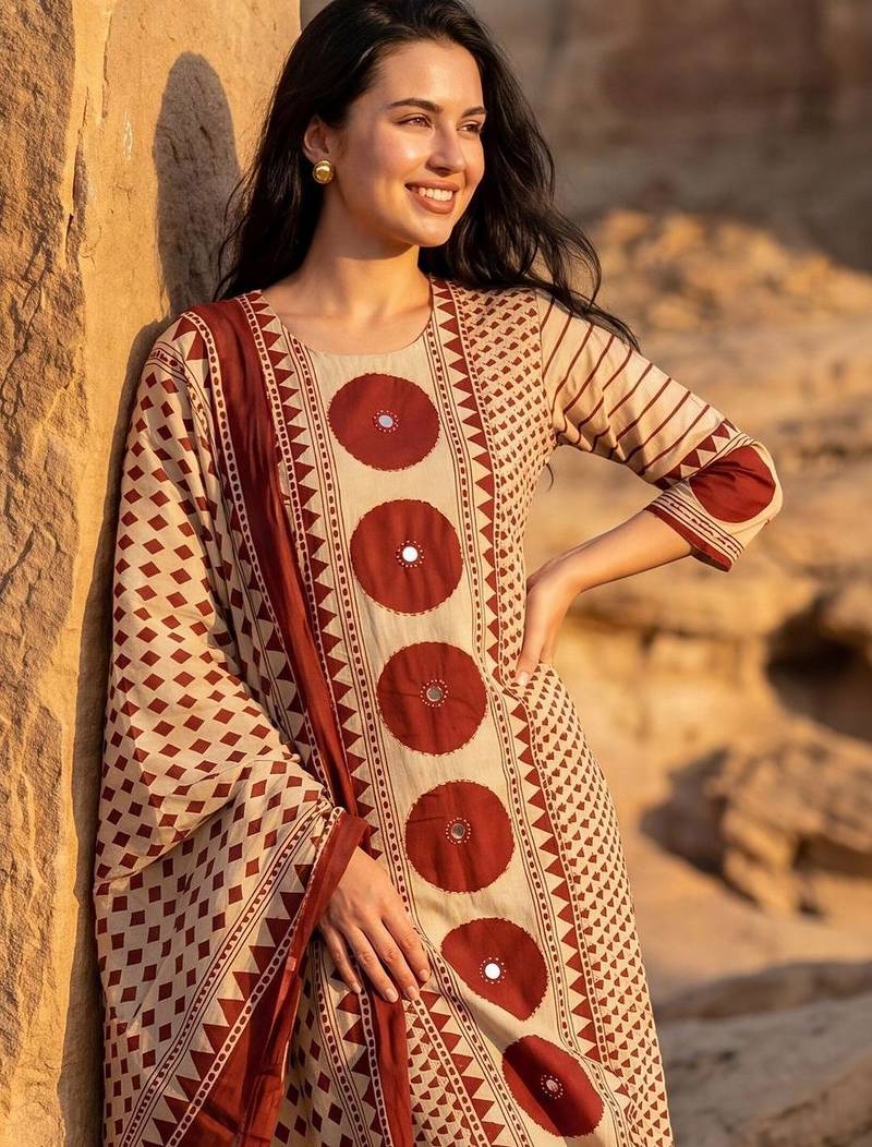 Women Printed Regular Mirror Work Pure Cotton Kurta with Trousers & With Dupatta