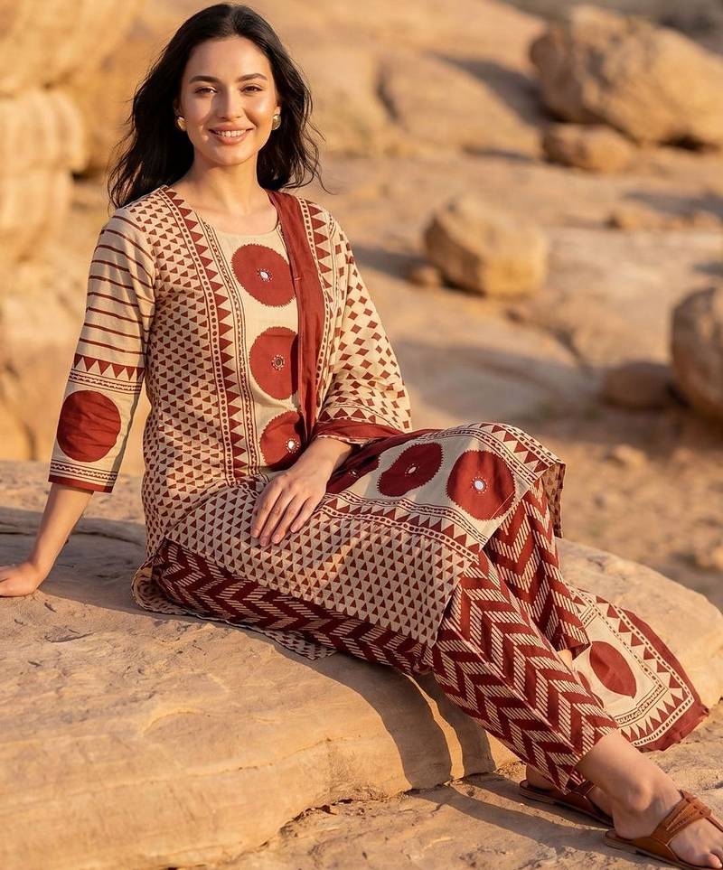 Women Printed Regular Mirror Work Pure Cotton Kurta with Trousers & With Dupatta