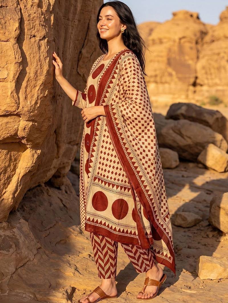 Women Printed Regular Mirror Work Pure Cotton Kurta with Trousers & With Dupatta