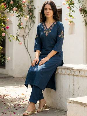 Women Floral Embroidered Regular Thread Work Pure Cotton Kurta with Trousers 1