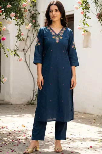Women Floral Embroidered Regular Thread Work Pure Cotton Kurta with Trousers