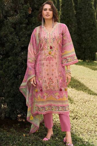Women Floral Printed Regular Thread Work Linen Kurta with Trousers & With Dupatta