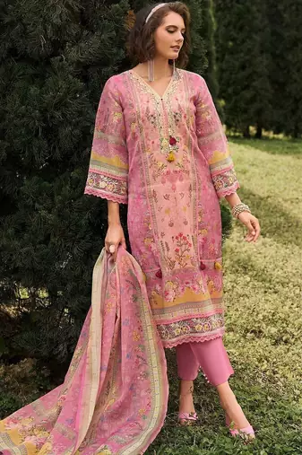 Women Floral Printed Regular Thread Work Linen Kurta with Trousers & With Dupatta
