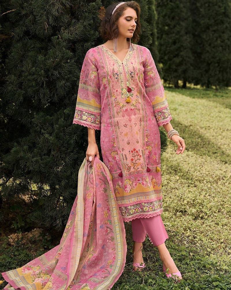 Women Floral Printed Regular Thread Work Linen Kurta with Trousers & With Dupatta