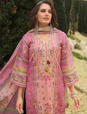 Women Floral Printed Regular Thread Work Linen Kurta with Trousers & With Dupatta 4