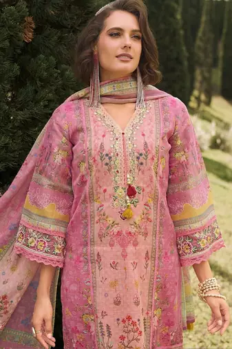 Women Floral Printed Regular Thread Work Linen Kurta with Trousers & With Dupatta