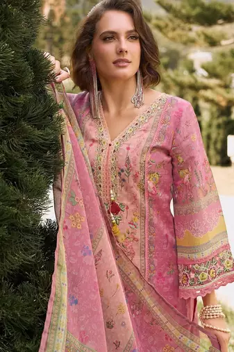 Women Floral Printed Regular Thread Work Linen Kurta with Trousers & With Dupatta