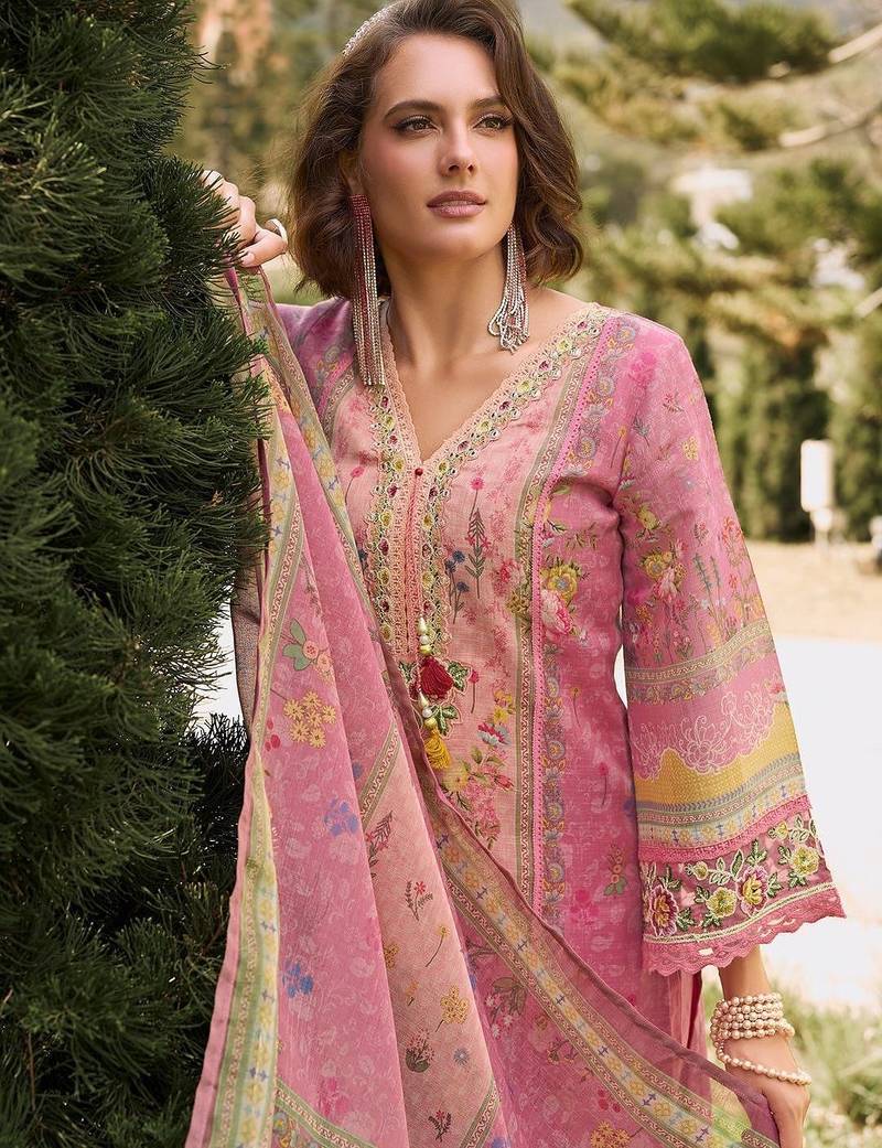 Women Floral Printed Regular Thread Work Linen Kurta with Trousers & With Dupatta